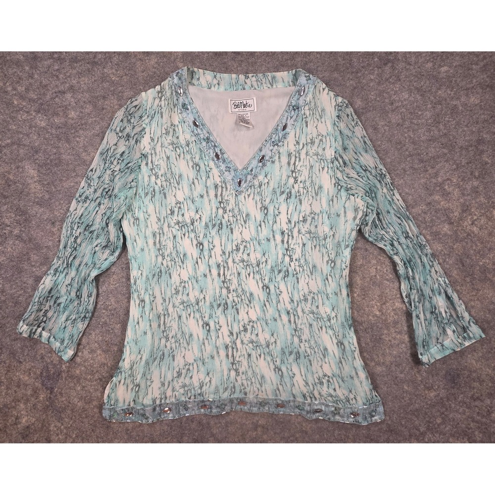 Bob Mackie Studio Silk Beaded V-Neck Blouse Turquoise Abstract Print Size 6